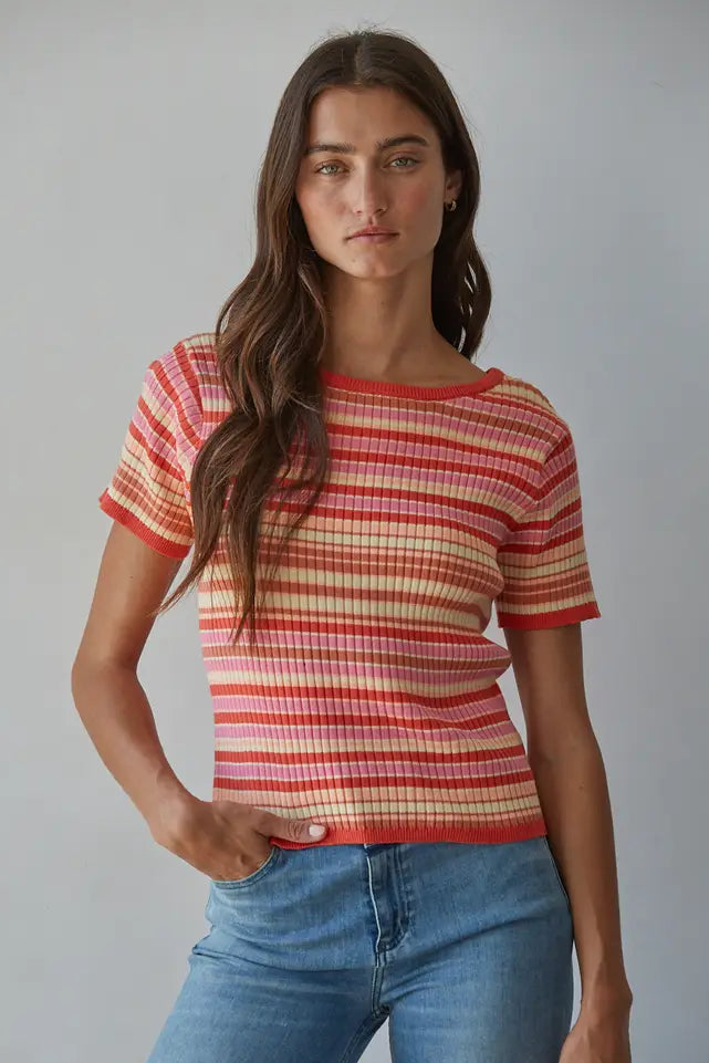 Striped Short Sleeve Cotton Knit Sweater Tee