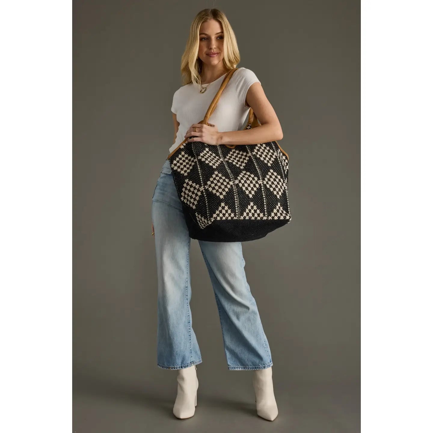Black & Cream Diamond Pattern Cotton / Leather Tote
