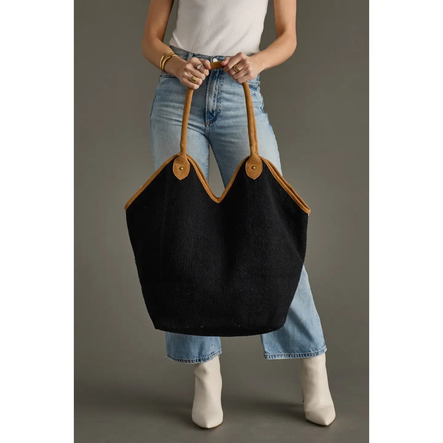Black & Cream Diamond Pattern Cotton / Leather Tote