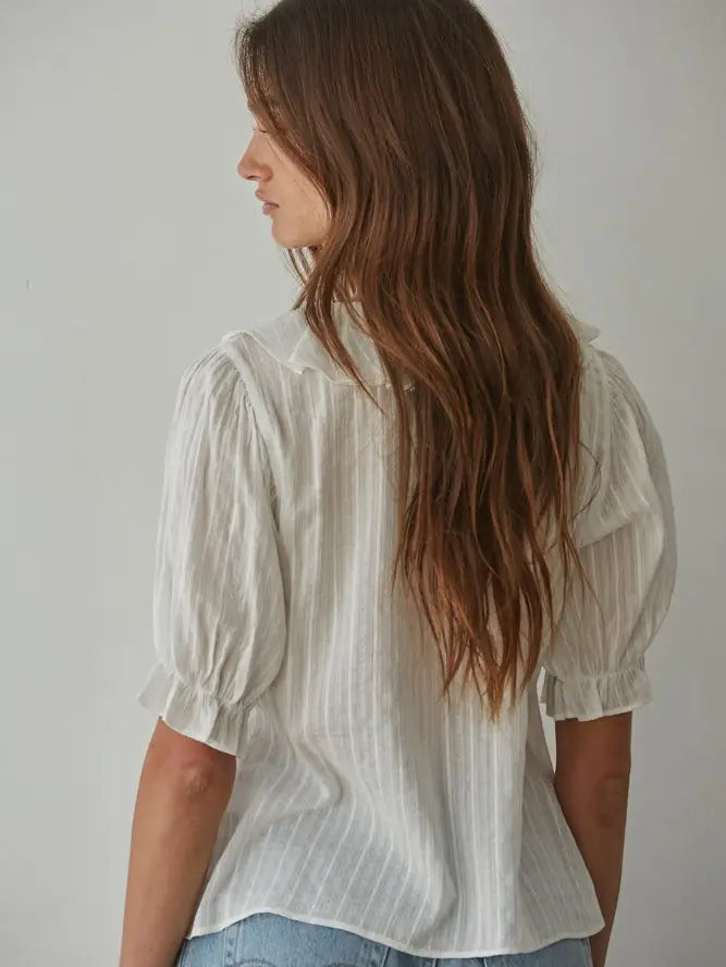 Woven Cotton Buttondown Ruffle V-Neck Short Sleeve Top