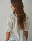 Woven Cotton Buttondown Ruffle V-Neck Short Sleeve Top