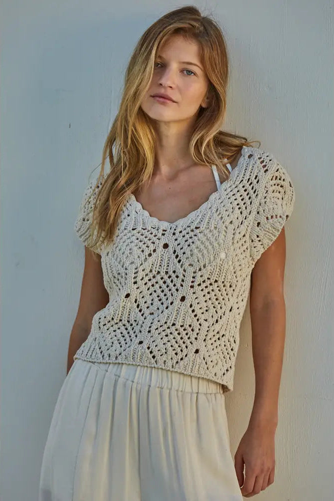 Knit Sweater Cotton Crochet V-Neck Cap Sleeve Top