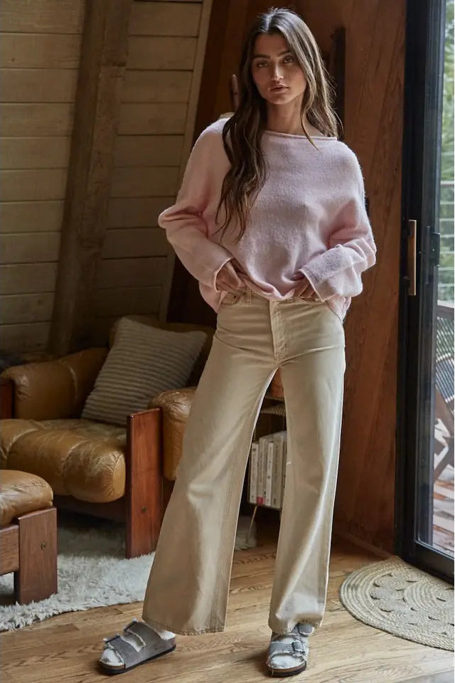 Pinky Rolled Round Neck Sweater