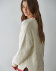 Pointelle Tipped Knit Cotton Crew Neck Sweater