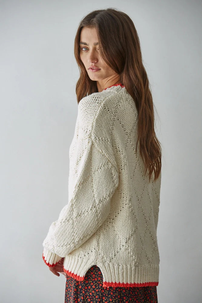 Pointelle Tipped Knit Cotton Crew Neck Sweater