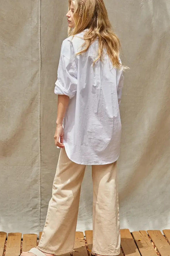 Oversized Woven Cotton Button Down Collar Neck Shirt