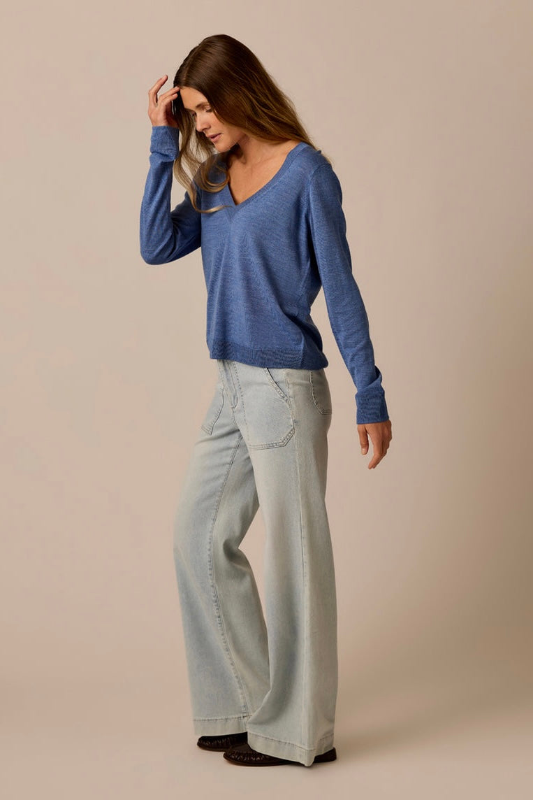 Juliet V-Neck Sweater: Denim Heather
