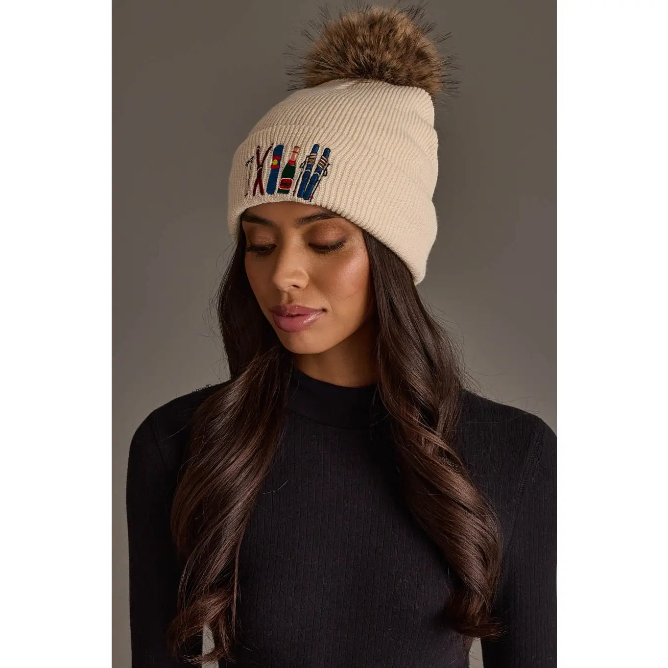 Beige Ski Embroidered Knit Pom Hat