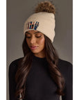 Beige Ski Embroidered Knit Pom Hat