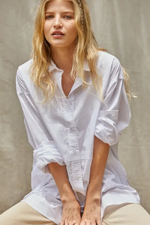 Oversized Woven Cotton Button Down Collar Neck Shirt