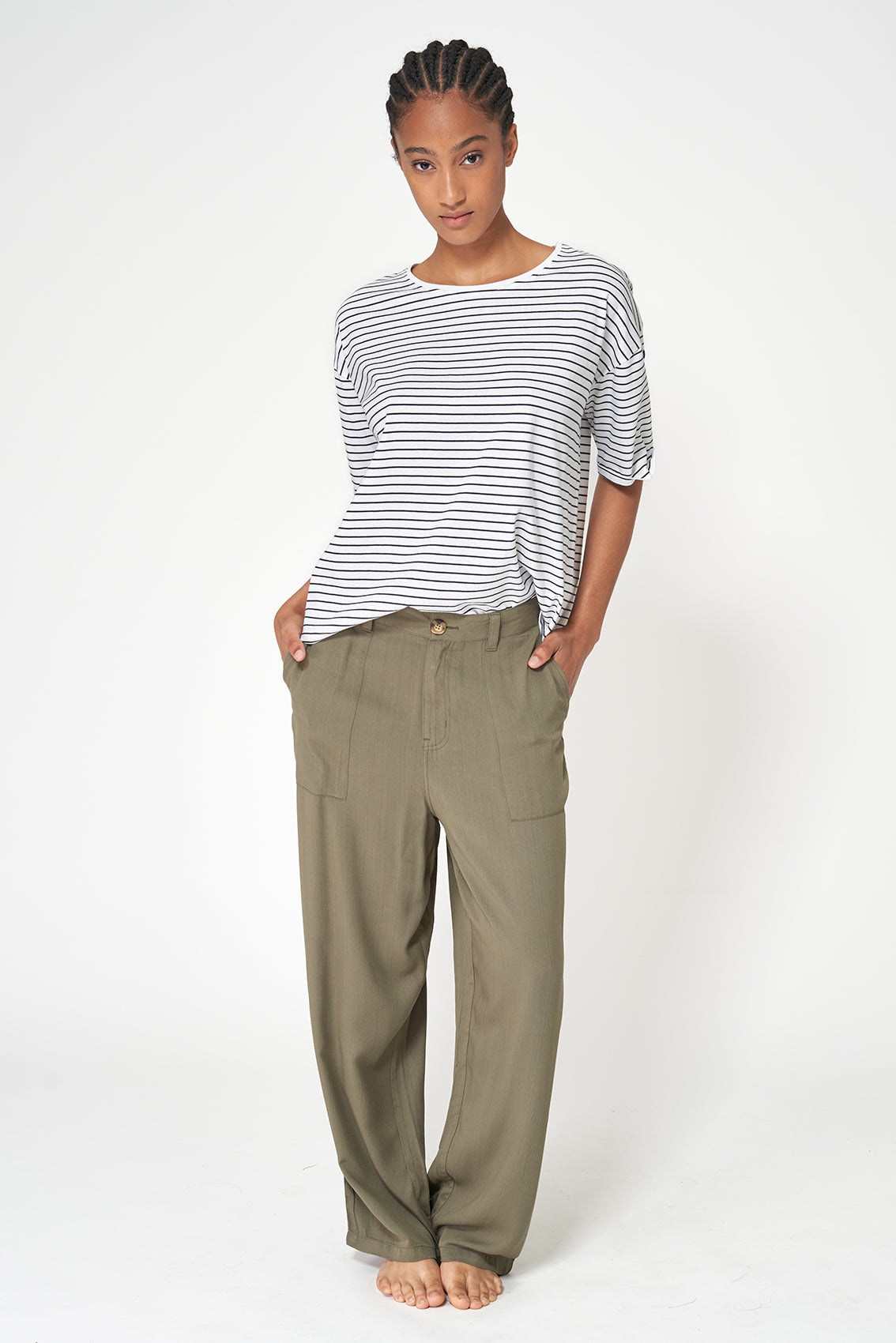 Frenchy W's Button Back Striped Tee