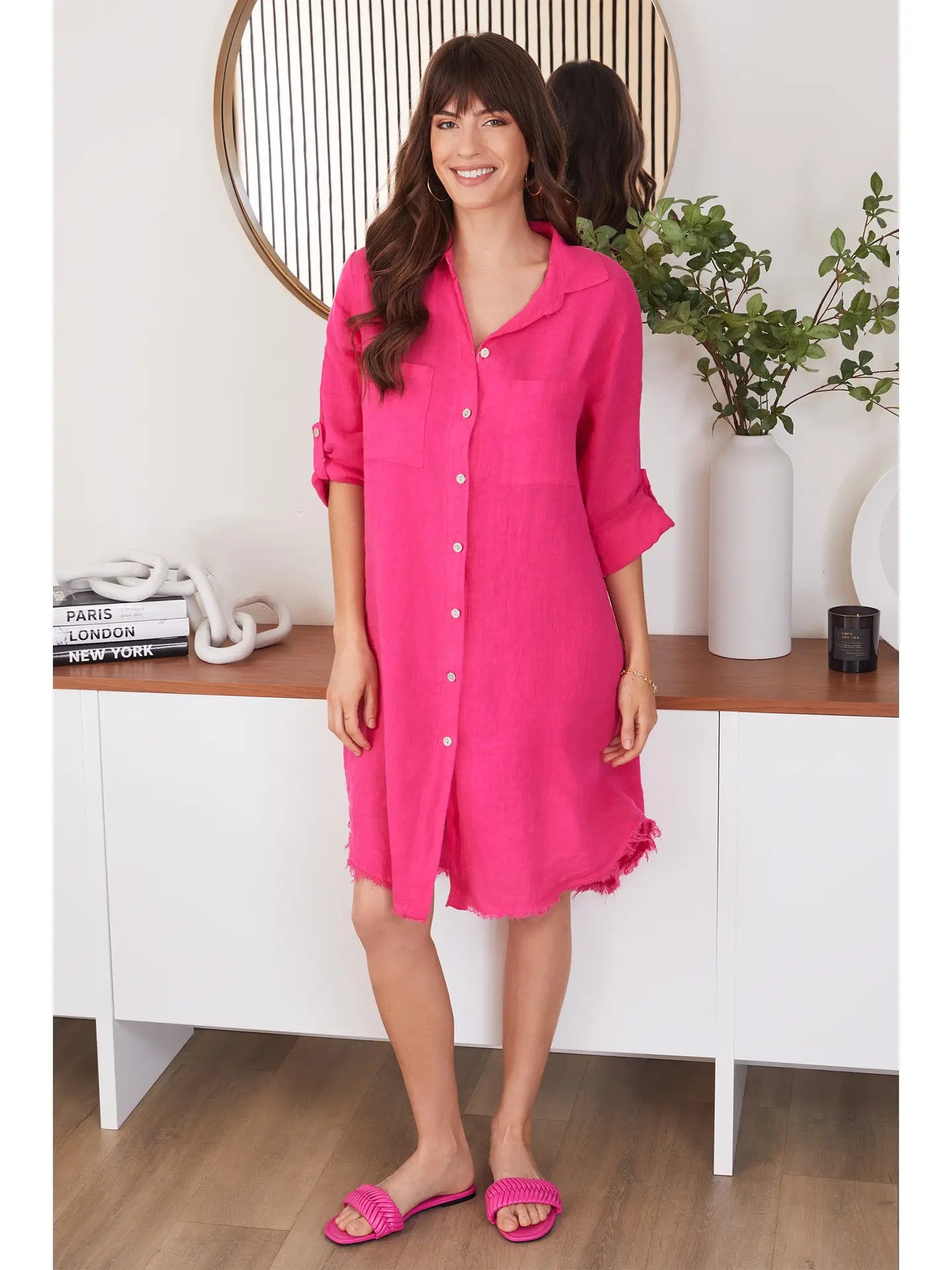Linen Long Sleeve Roll Tab Button Down Mid-Length Dress