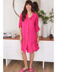 Linen Long Sleeve Roll Tab Button Down Mid-Length Dress