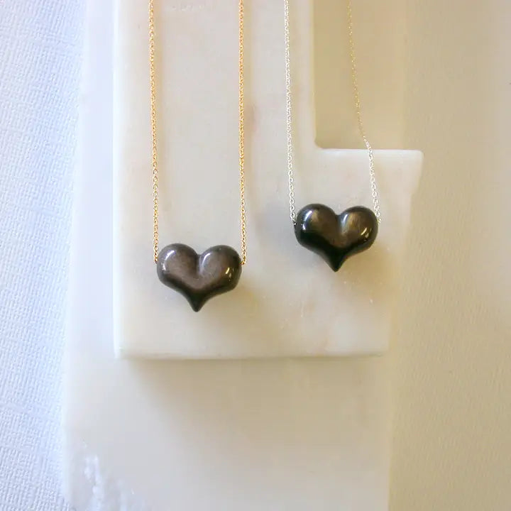 Puffy Obsidian Heart Necklace: 16" Sterling Silver