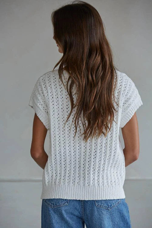 Knit Sweater Cotton Crochet Round Neck Short Sleeve Pullover Top
