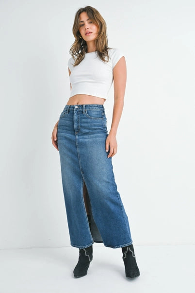 Stretch Classic Denim Midi Skirt