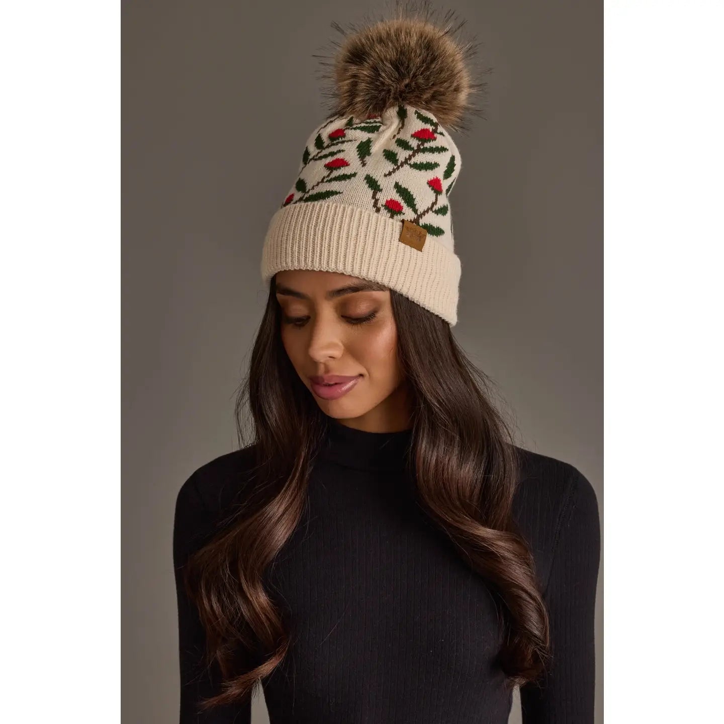 Cream Floral Pattern Knit Pom Hat