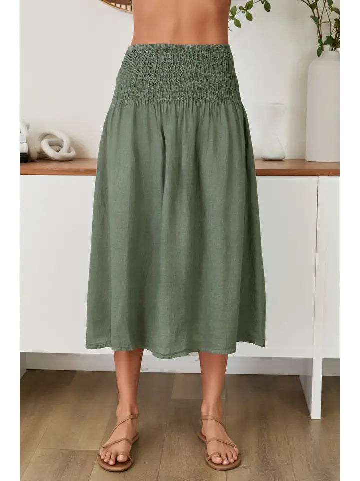 Linen Shirred Waist A-Line Skirt