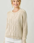 Pebble Washed Cotton Cable Crew Sweater: Almond