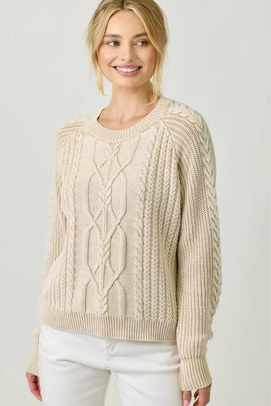 Pebble Washed Cotton Cable Crew Sweater: Almond