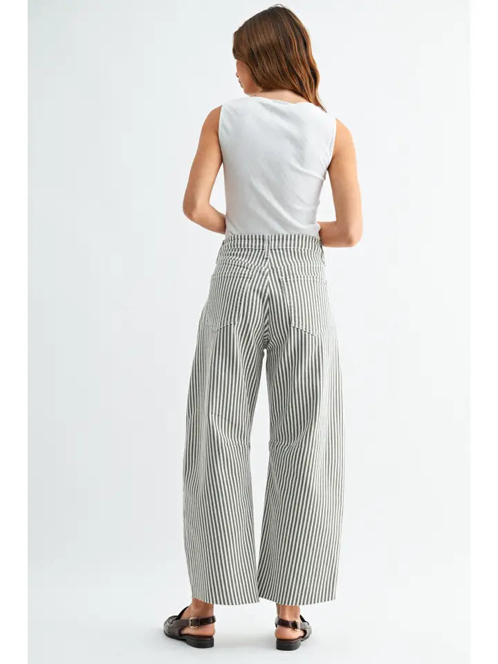 Olive Striped Raw Hem Barrel Jeans