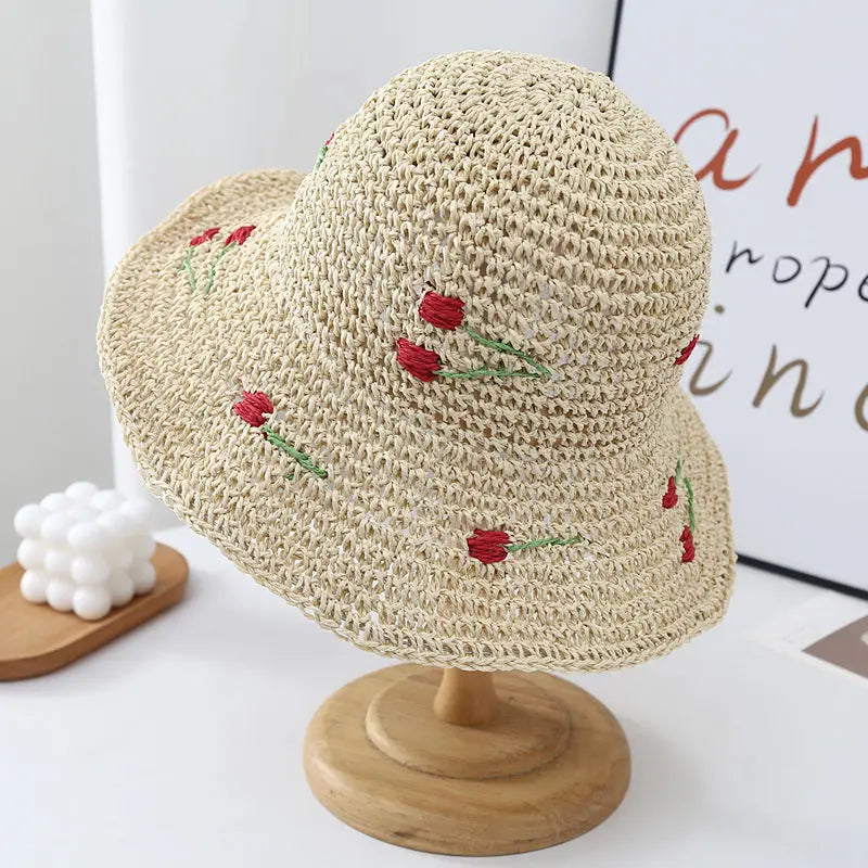 Cherry Crochet Foldable Straw Bucket Hat