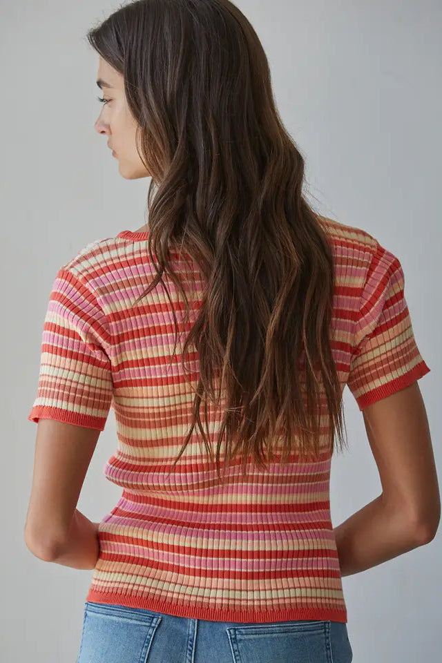 Striped Short Sleeve Cotton Knit Sweater Tee