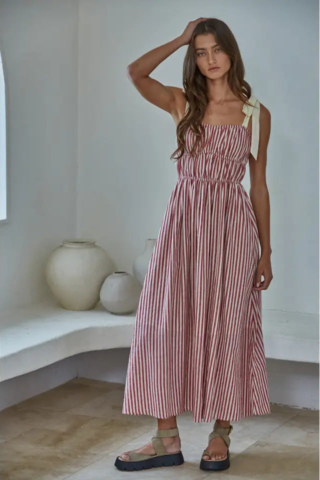 Woven Cotton Linen Striped Sleeveless Midi Dress