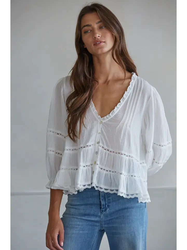 White Lace Front Button Woven Cotton V-Neck Quarter Sleeve Blouse