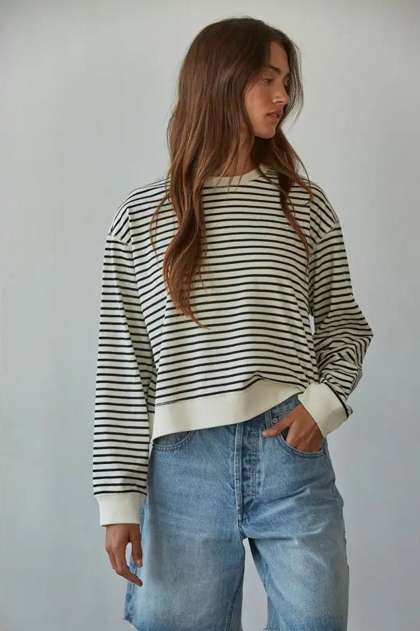 BT Off White & Black Cotton Striped Long Sleeve Crew