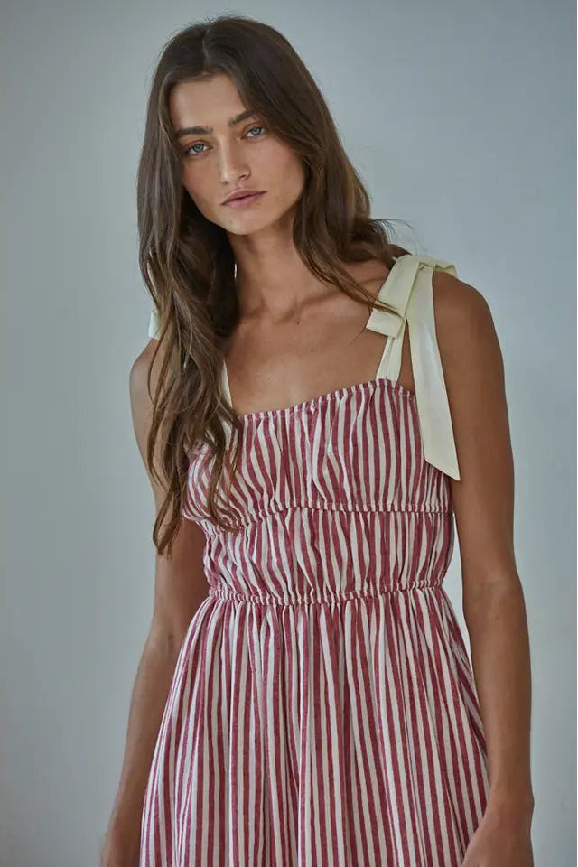 Woven Cotton Linen Striped Sleeveless Midi Dress