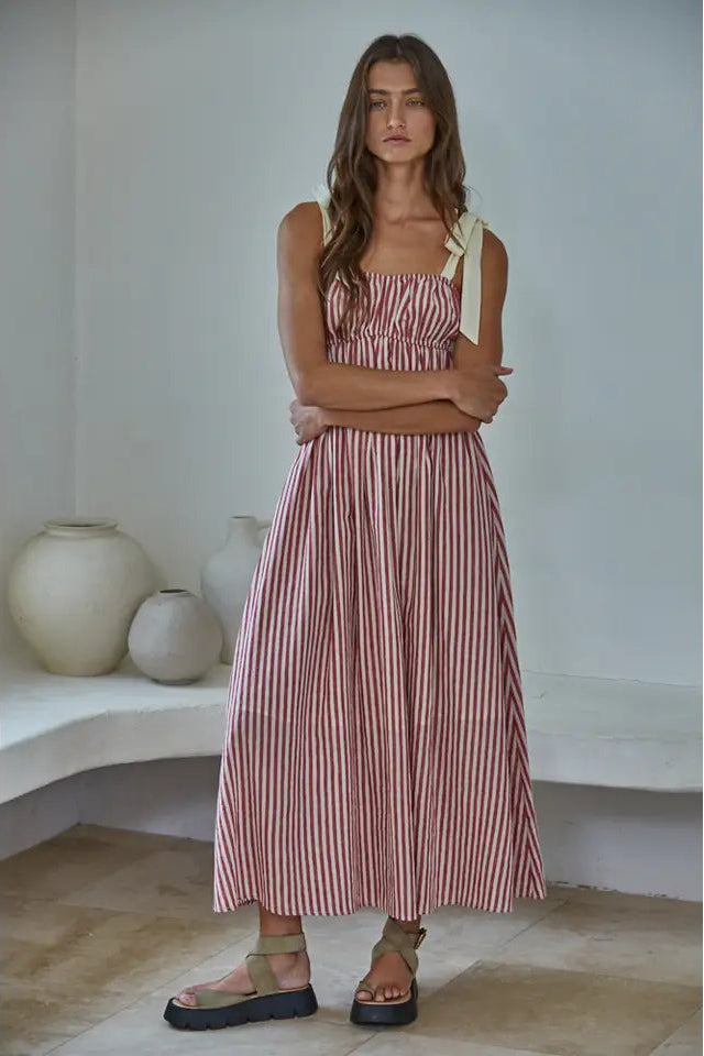 Woven Cotton Linen Striped Sleeveless Midi Dress