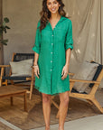 Linen Long Sleeve Roll Tab Button Down Mid-Length Dress