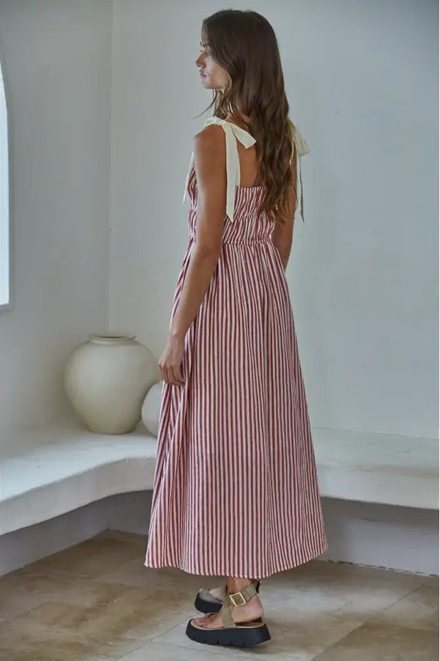 Woven Cotton Linen Striped Sleeveless Midi Dress
