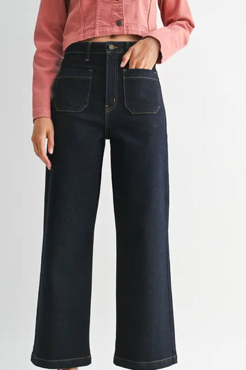 Super Dark Denim Patch Pocket Wide Leg