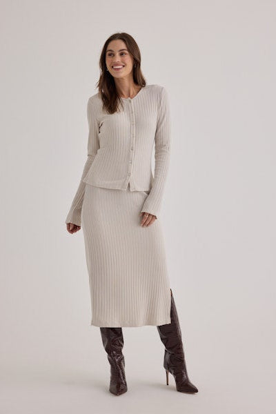 Bella Dahl Clean Waist Knit Skirt with Side Slit in Moonstone Rib