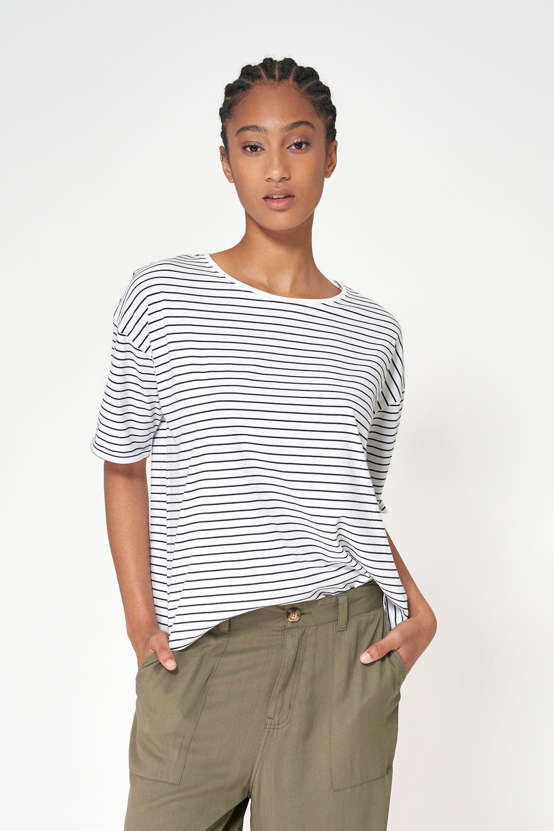 Frenchy W's Button Back Striped Tee