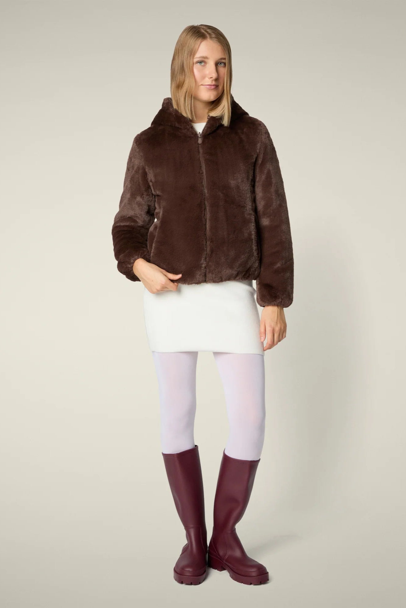 Save the Duck Reversible Faux Fur Laila Hooded Jacket: Mud Grey