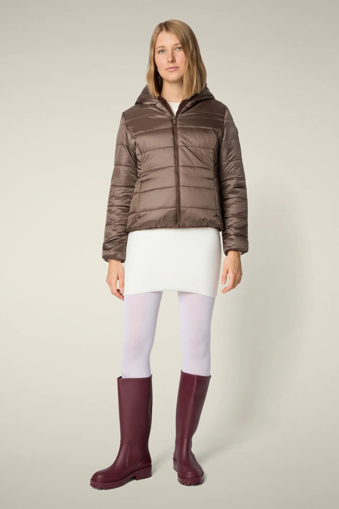 Save the Duck Reversible Faux Fur Laila Hooded Jacket: Mud Grey