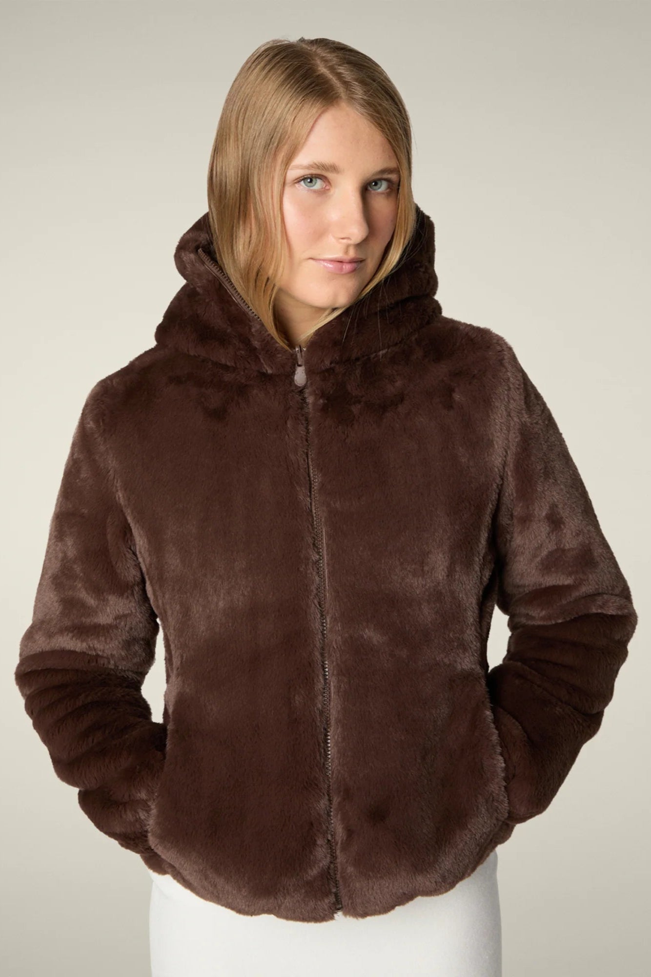 Save the Duck Reversible Faux Fur Laila Hooded Jacket: Mud Grey
