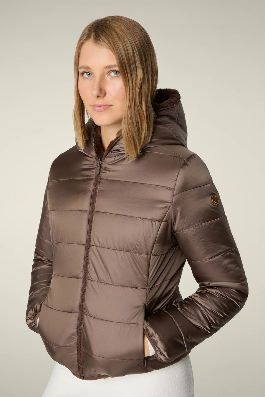 Save the Duck Reversible Faux Fur Laila Hooded Jacket: Mud Grey