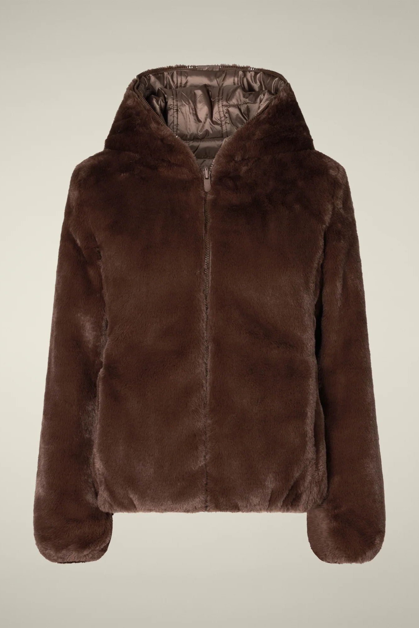 Save the Duck Reversible Faux Fur Laila Hooded Jacket: Mud Grey