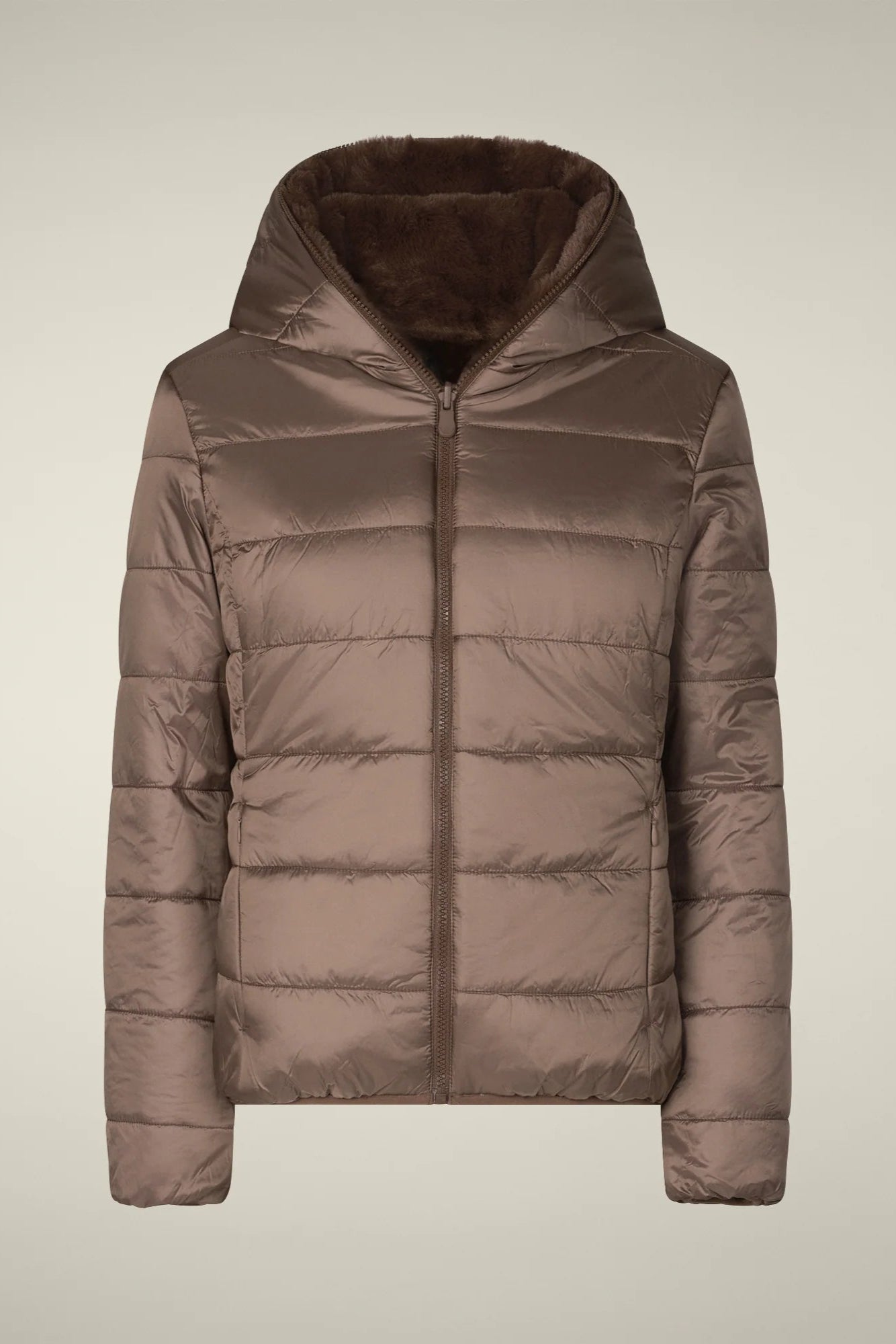 Save the Duck Reversible Faux Fur Laila Hooded Jacket: Mud Grey