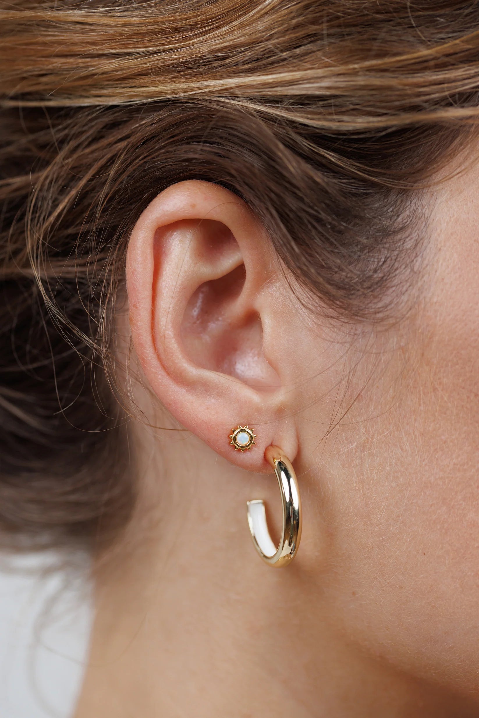 JK Sun Stud White Opal Gold Earrings