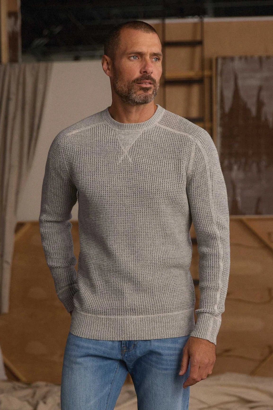 TNB Waffle Crewneck Sweater in Light Grey Marled