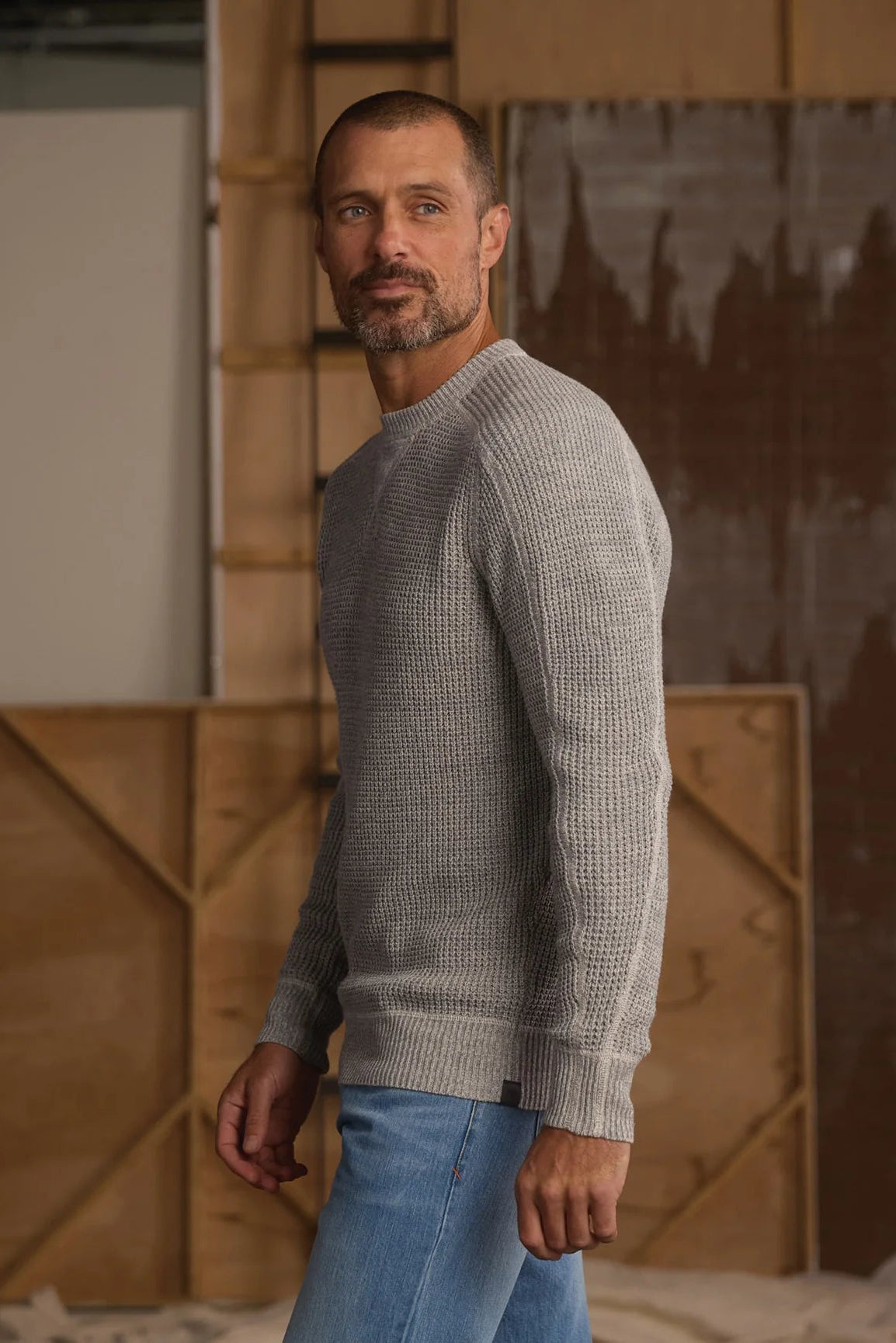 TNB Waffle Crewneck Sweater in Light Grey Marled