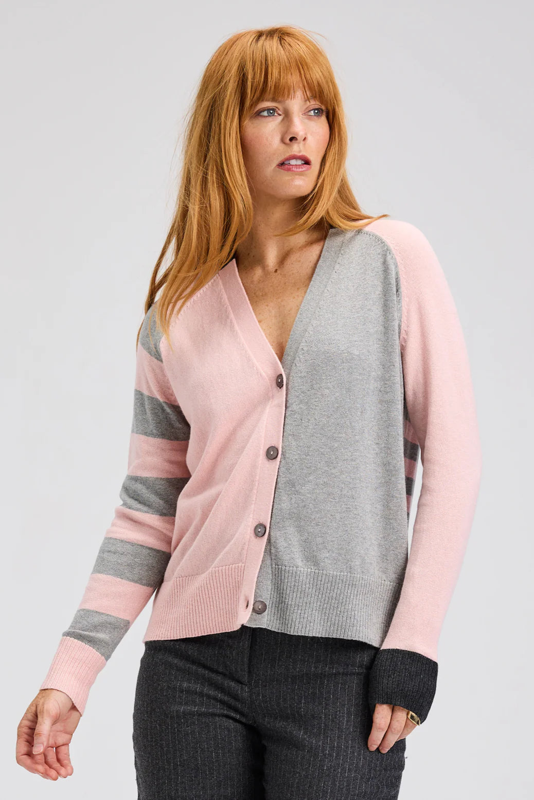 Z&P Split Cotton & Cashmere Cardi Sweater:Powder