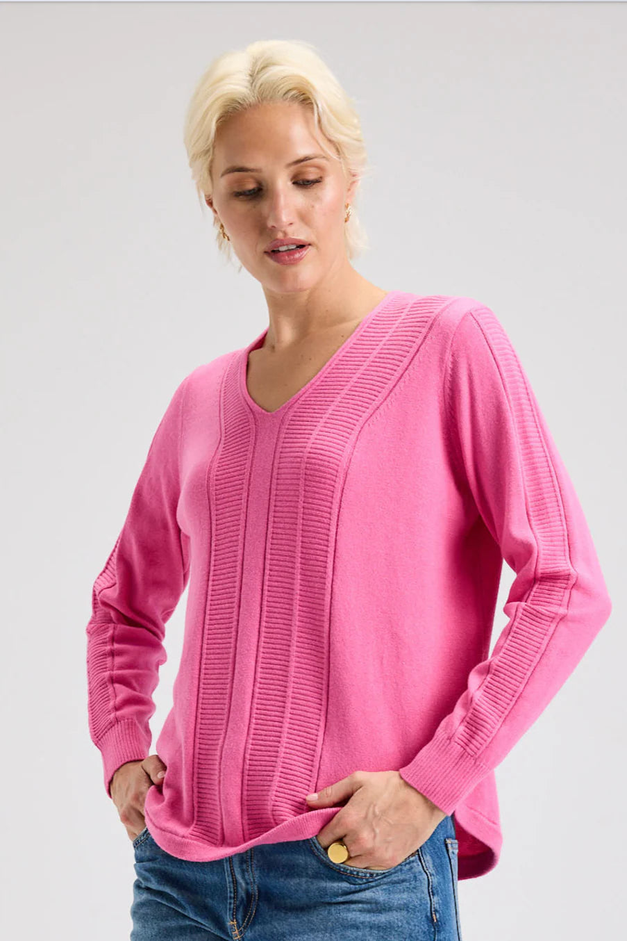 Z&P Cotton and Cashmere Soft V-Neck Sweater: Pink