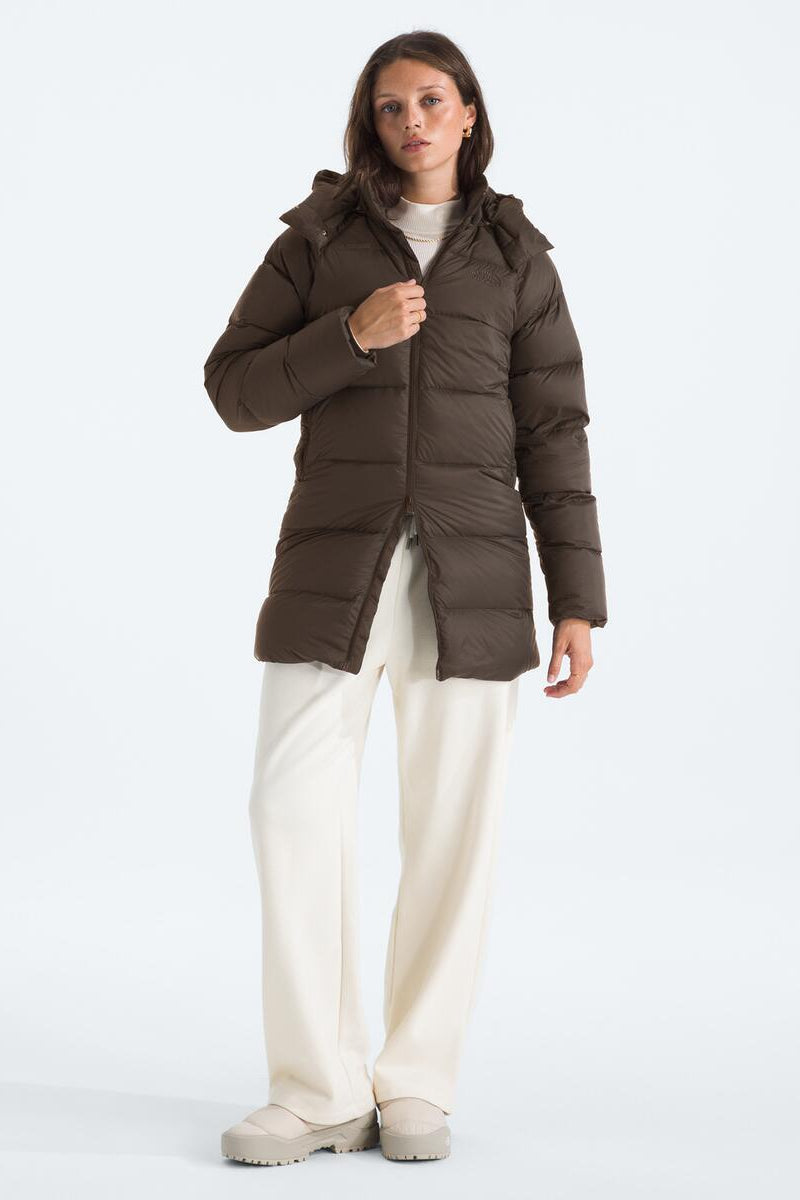 TNF W's Hydrenalite City Down Hooded Parka: Smokey Brown