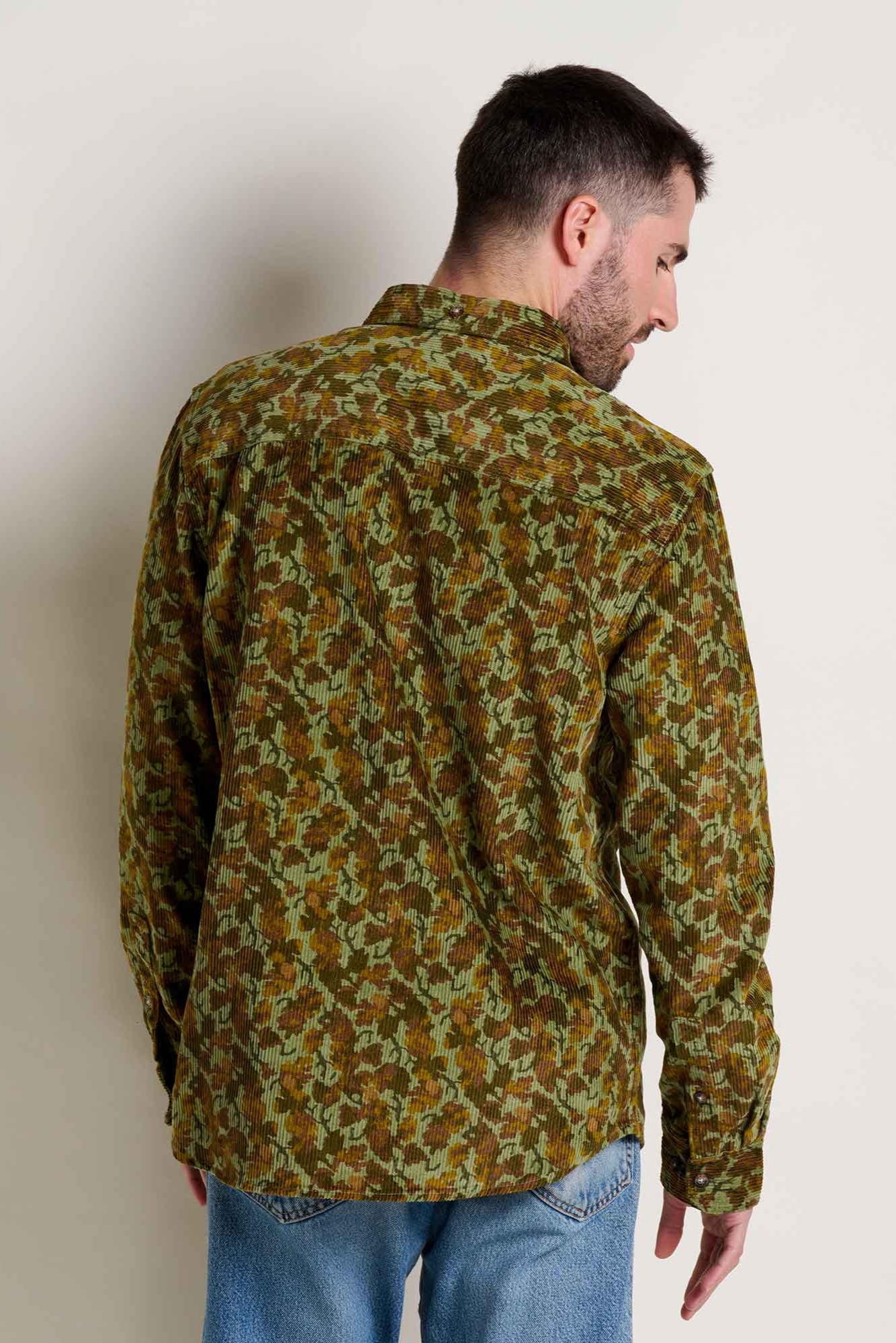 Cascadia Super Soft Cord Long Sleeve Shirt: Green Moss Leaf Print